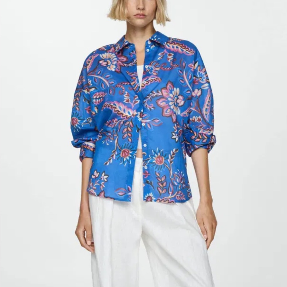 NEW Mango Blue and Pink Floral Blouse